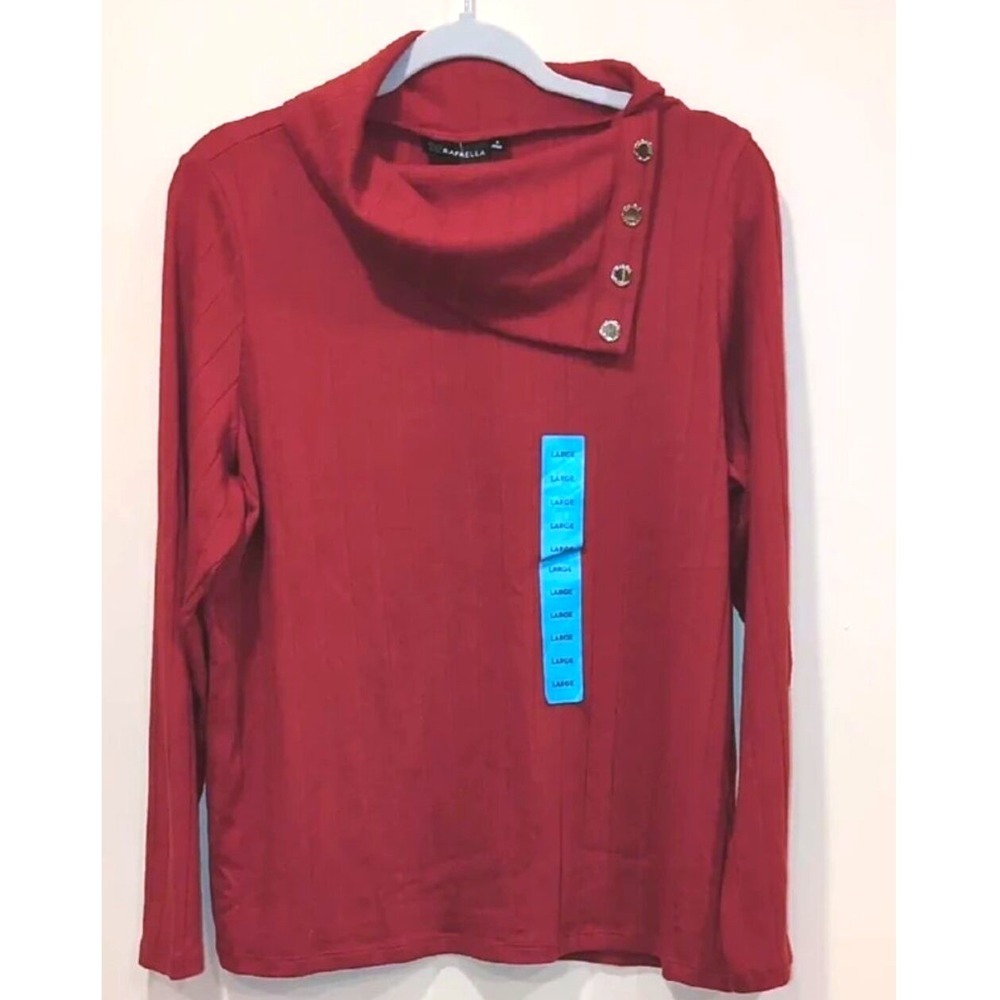 Rafaella Cowl Neck Button Detail Ribbed Top Red Women Large